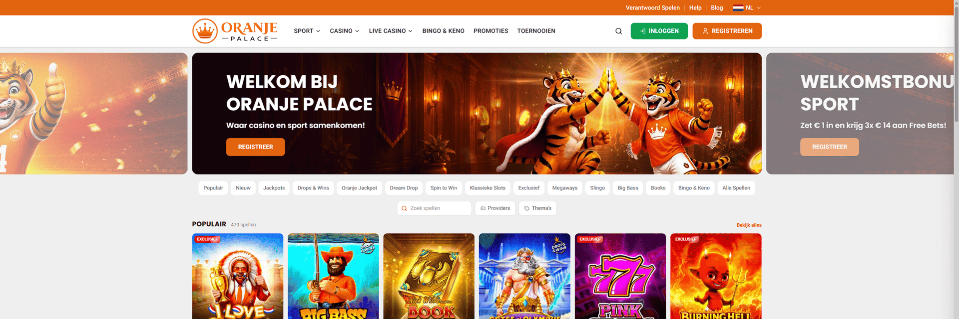 Screenshot van de Oranje Palace Casino-website